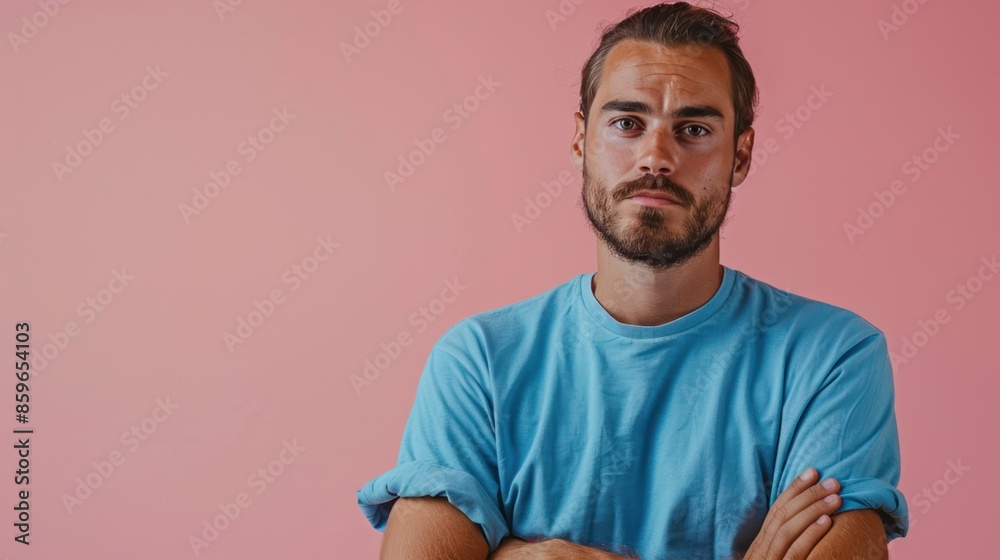 Time Request: Worried Man in Blue Shirt Seeks More Time, Isolated on Pink Time Request: Worried Man in Blue Shirt Seeks More Time, Isolated on Pink