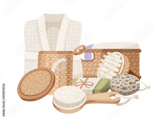 Set of items for bath or shower theme. Collection for gift or advertising vector illustration isolated on white background