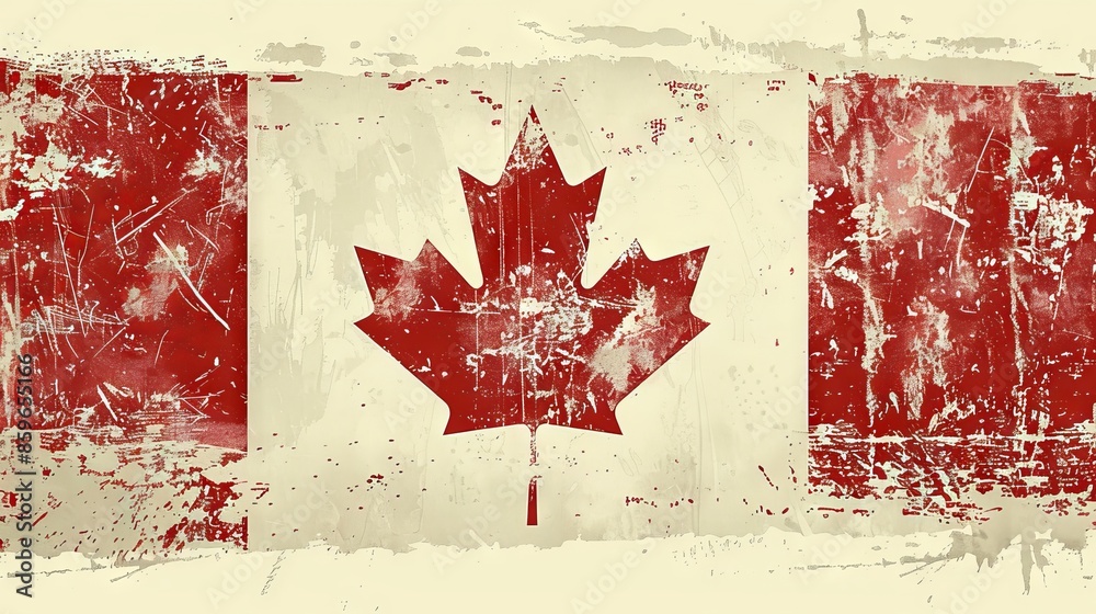 Distressed Canadian Flag With Red Maple Leaf on White Background