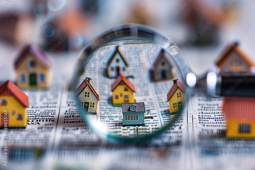 Miniature houses on a newspaper with a magnifying glass