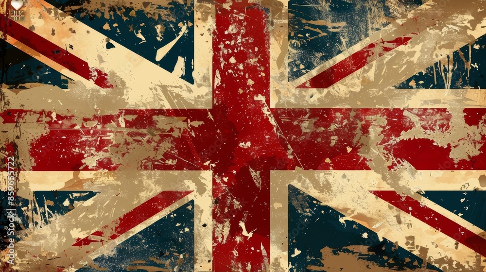 Fototapeta premium Distressed Vintage Union Jack Flag With Red, White, and Blue Paint Splatter British flag