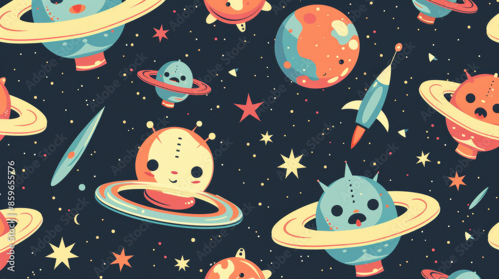 Naklejka premium Cute pattern with flying saucers, UFOs, and adorable aliens. Perfect for backgrounds, wrapping paper, wallpaper, fabrics, clothes, and covers.