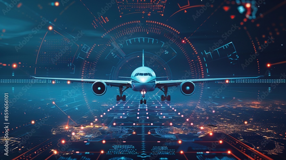 Flight Computer Graphics concept of aviation technology, graphic of airplane interface with ...