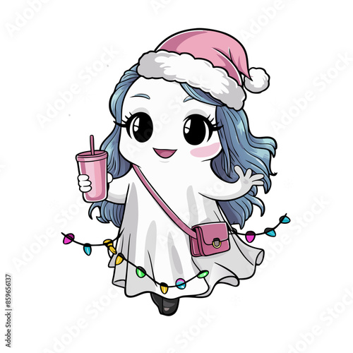 A kawai  animated ghost is depicted wearing a Santa hat and holding a festive drink