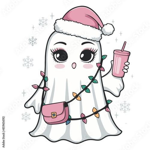 A kawai  animated ghost is depicted wearing a Santa hat and holding a festive drink