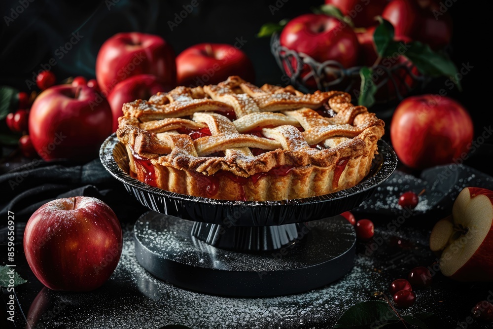 Apple pie and red apples on black background. Traditional fresh homemade bakery Apple pie and red apples on black background. Traditional fresh homemade bakery