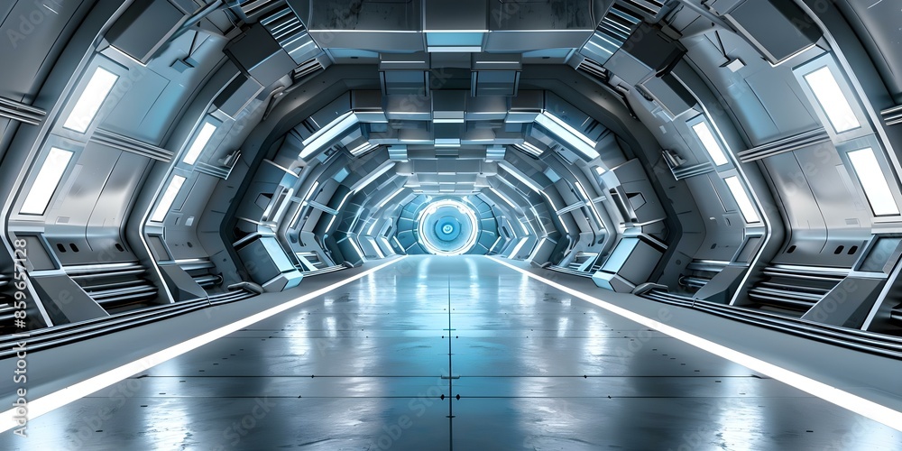 Obraz premium Futuristic building with steel framework and hightech lighting in sc. Concept Architecture, Futuristic Design, Steel Framework, High-Tech Lighting, Sci-Fi Aesthetics