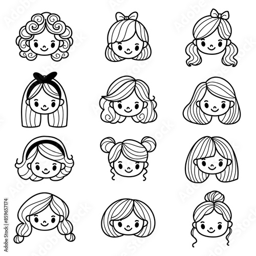 Collection of cute girls with different hairstyles in black and white, hand drawn line art, cartoon style. Perfect for kid's products.