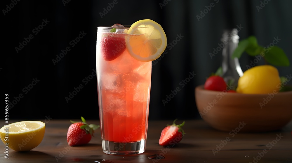 Delight in a crisp and fruity cocktail with this classic red drink, elegantly decorated with juicy strawberries and fresh mint.