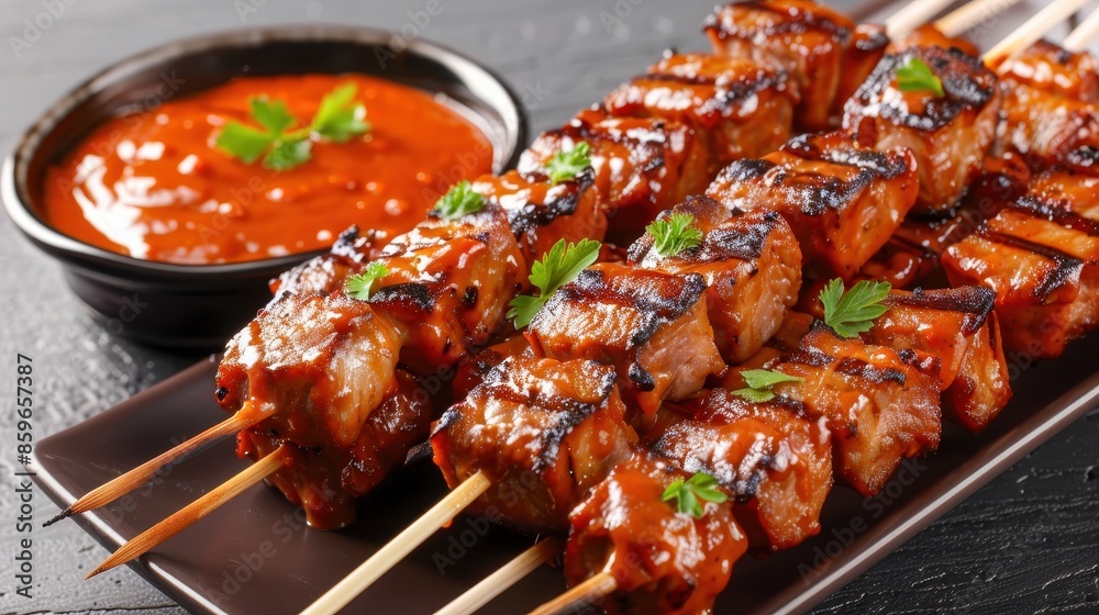 Grilled meat skewers with delicious barbecue sauce on a dark plate garnished with parsley, perfect for any barbecue or outdoor gathering. Grilled meat skewers with delicious barbecue sauce on a dark plate garnished with parsley, perfect for any barbecue or outdoor gathering.