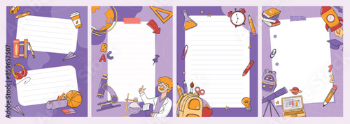 school note page collection, planner page. Back to school, education theme. Print, card, poster, organizer template. School doodles decor. EPS 10