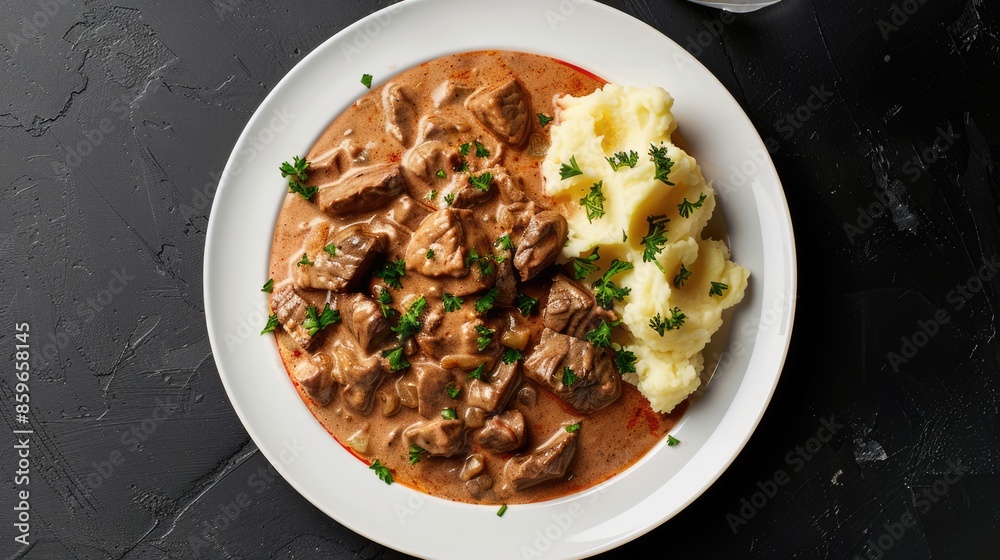 Traditional beef stroganoff dish with gravy and mashed potatoes on white plate, top view black background Traditional beef stroganoff dish with gravy and mashed potatoes on white plate, top view black background
