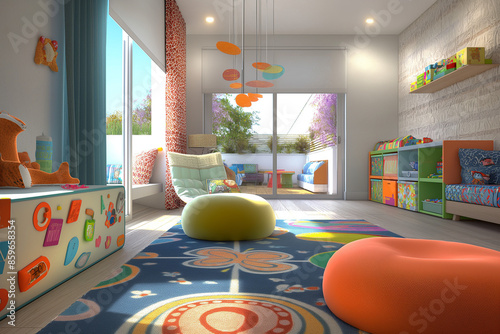 living room with colorful furniture, A highly detailed, ultra-realistic image of a modern room interior designed for a child. The room is bright and colorful, with playful elements and furniture suita photo