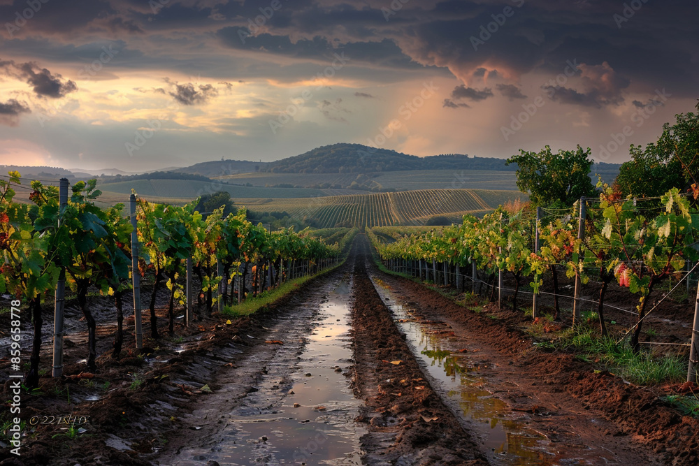 Obraz premium A quiet, rain-soaked vineyard, the vines heavy with water and the ground muddy, with the distant hills shrouded in storm clouds and the air thick with the scent of rain
