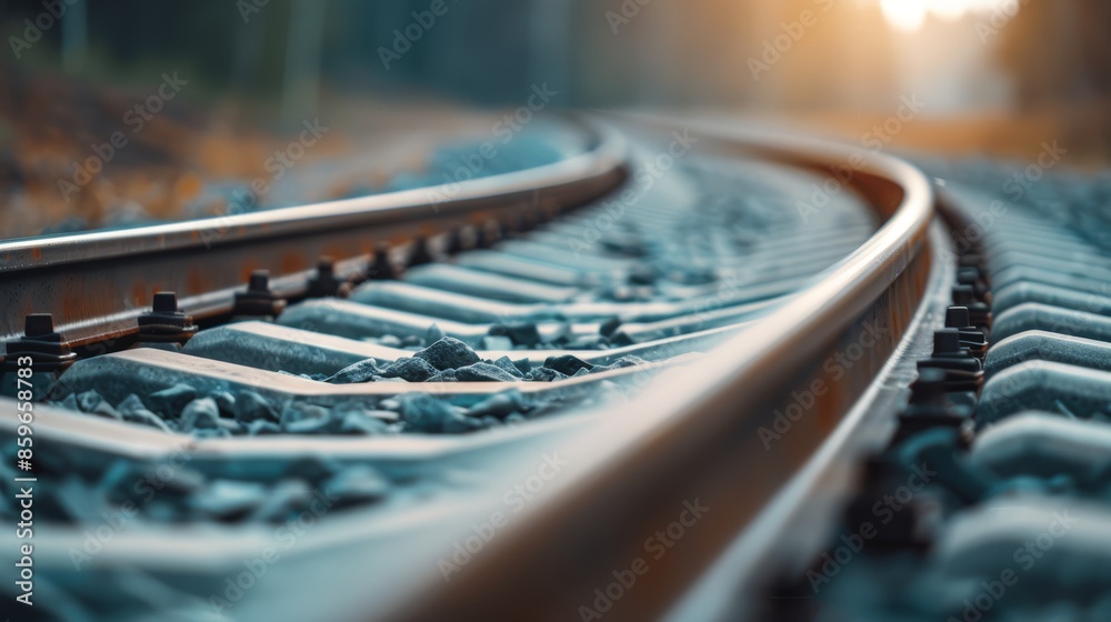 Obraz premium Close-up of train tracks merging at a railway junction, showing the precision and engineering of railway infrastructure, with a train approaching in the distance