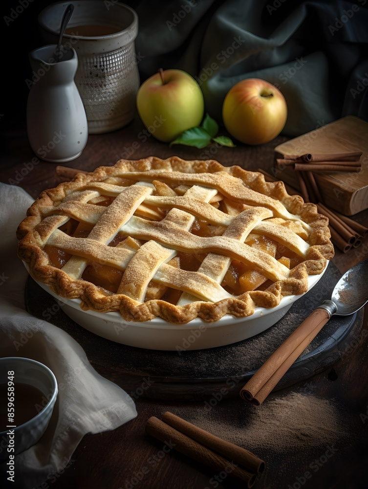 Homemade apple pie with lattice crust on a rustic table. Homemade apple pie with lattice crust on a rustic table.