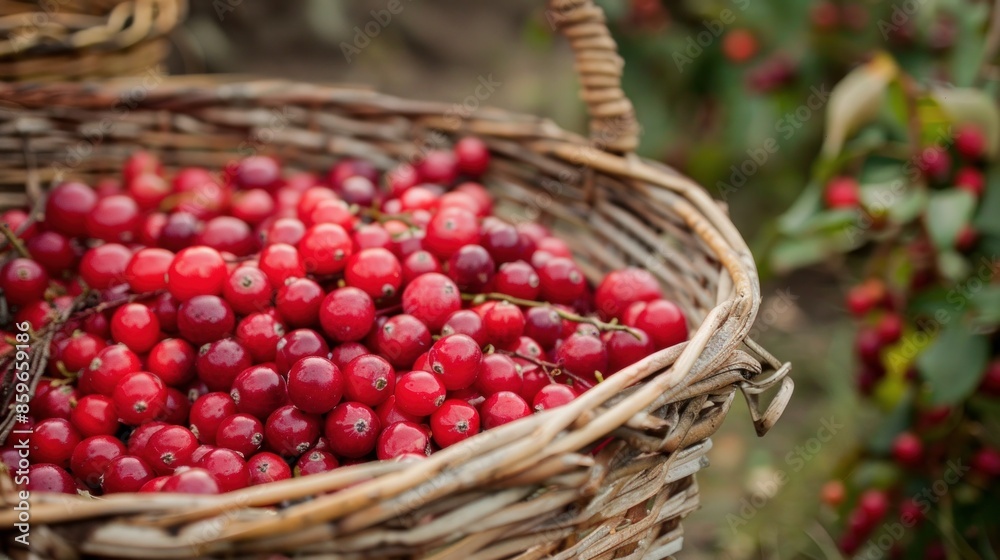 Cranberries, bright red and ripe, are gathered in a wicker basket during the fall harvest Cranberries, bright red and ripe, are gathered in a wicker basket during the fall harvest