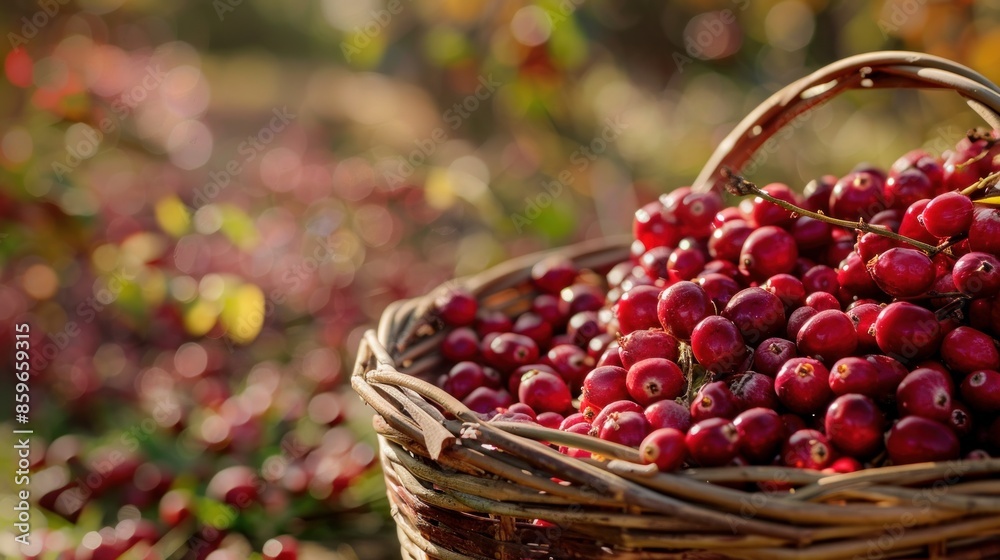 Cranberries, bright red and ripe, are gathered in a wicker basket during the fall harvest Cranberries, bright red and ripe, are gathered in a wicker basket during the fall harvest