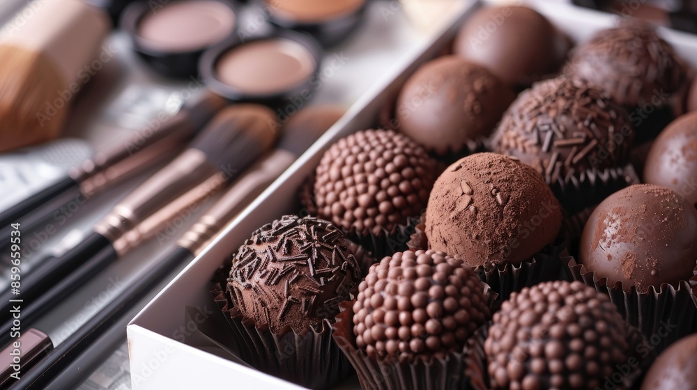Foreground box of brigadeiros background makeup items and brushes focus on the top right brigadeiro Foreground box of brigadeiros background makeup items and brushes focus on the top right brigadeiro