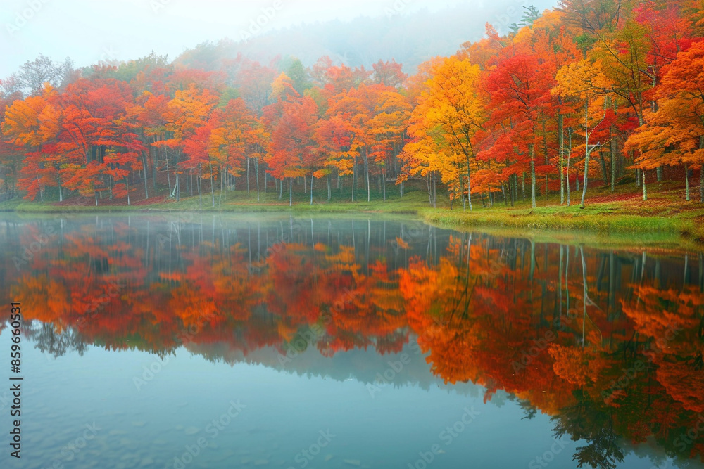 Obraz premium A serene autumn scene with a still lake reflecting the surrounding trees in their brilliant fall colors, and a misty morning atmosphere.