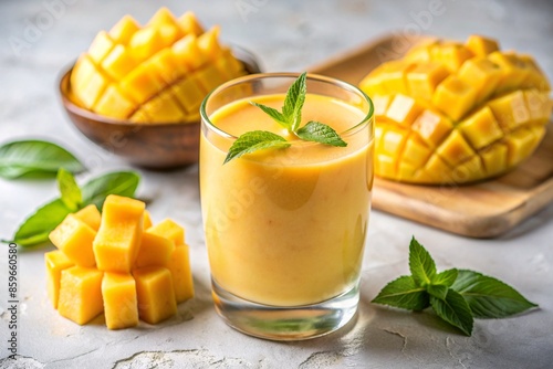 Mango smoothies in the glass and slice dice mango on light background