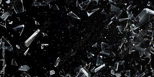 Dynamic glass texture featuring shattered pieces with bits and shards exploding in the air. Black backdrop contrasting with the fragments of broken glass pieces. Blur and bokeh motion effect.