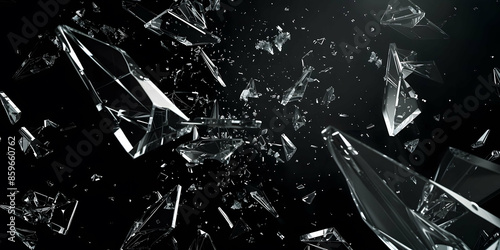 Dynamic glass texture featuring shattered pieces with bits and shards exploding in the air. Black backdrop contrasting with the fragments of broken glass pieces. Blur and bokeh motion effect.