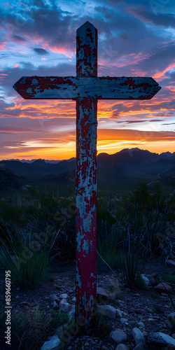 Cruz ao pôr do sol no deserto photo