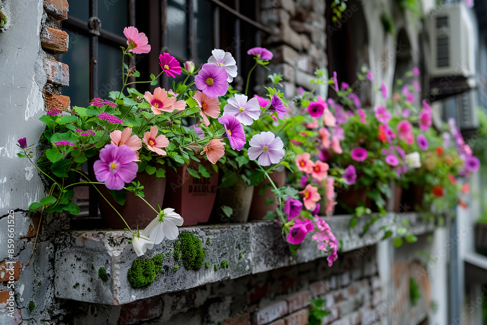 Bright multi-colored flowers in clay pots in the window of an old house with mossy gray stone walls Bright multi-colored flowers in clay pots in the window of an old house with mossy gray stone walls