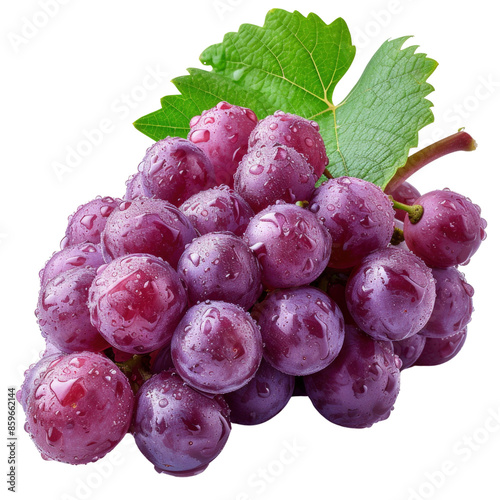 A bunch of red grapes with dewy drops glistening on their surface, with a fresh green leaf.