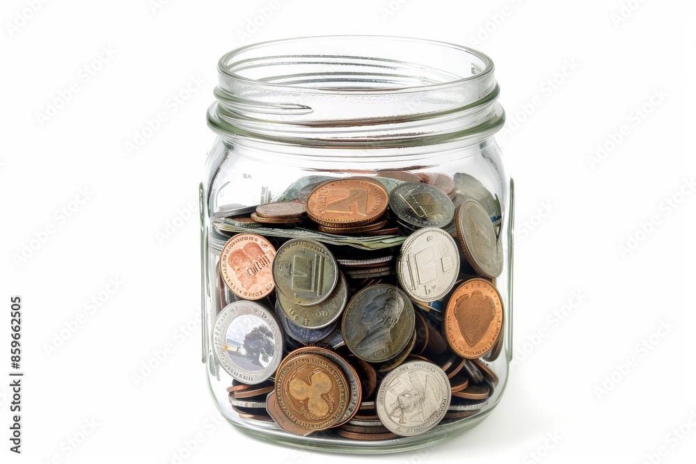A transparent jar overflowing with coins and a few folded bills, symbolizing savings and financial growth. A transparent jar overflowing with coins and a few folded bills, symbolizing savings and financial growth.