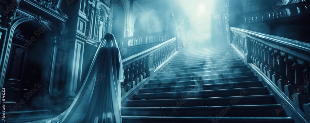 A spooky ghost, draped in a flowing white sheet, standing alone on the grand staircase of a luxurious mansion. The lighting is ethereal, with a bright light coming from the top of the stairs. A spooky ghost, draped in a flowing white sheet, standing alone on the grand staircase of a luxurious mansion. The lighting is ethereal, with a bright light coming from the top of the stairs.
