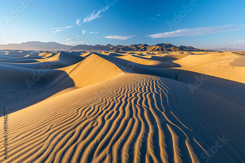 A sprawling desert landscape with intricate sand dunes casting long shadows in the golden hour, under a clear blue sky with a few wispy clouds.