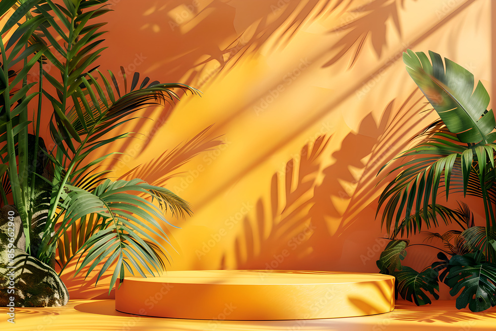 Product showcase in orange tropical setting. Warm sunny lighting. Space for the product image, logo, or text Product showcase in orange tropical setting. Warm sunny lighting. Space for the product image, logo, or text
