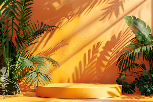 Product showcase in orange tropical setting. Warm sunny lighting. Space for the product image, logo, or text