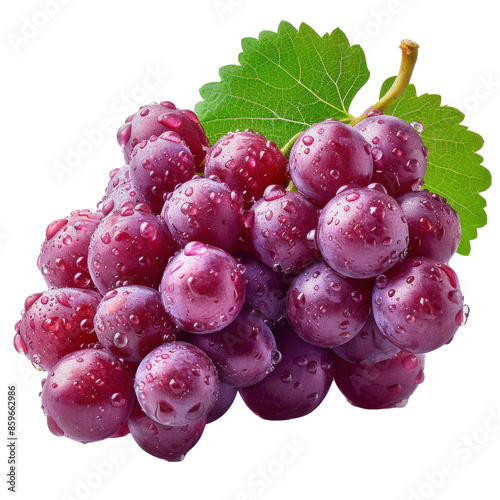 A cluster of red grapes with water droplets, set against an isolated background, showcasing their juicy freshness.