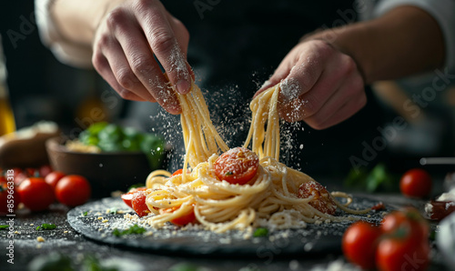 Pasta. Italian linguini pasta with tomato sauce and fresh basil on black background. Vegetarian food. Parmesan pasta. Place for text. Copy space