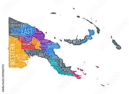 Papua New Guinea shape. Country word cloud with region division. Papua New Guinea colored illustration. Region names cloud. Vector illustration.