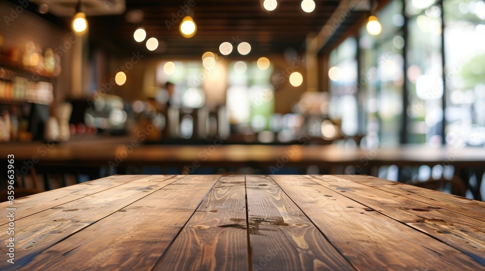 Focus on empty wood table with blurred coffee shop background for photo montage or product display Focus on empty wood table with blurred coffee shop background for photo montage or product display