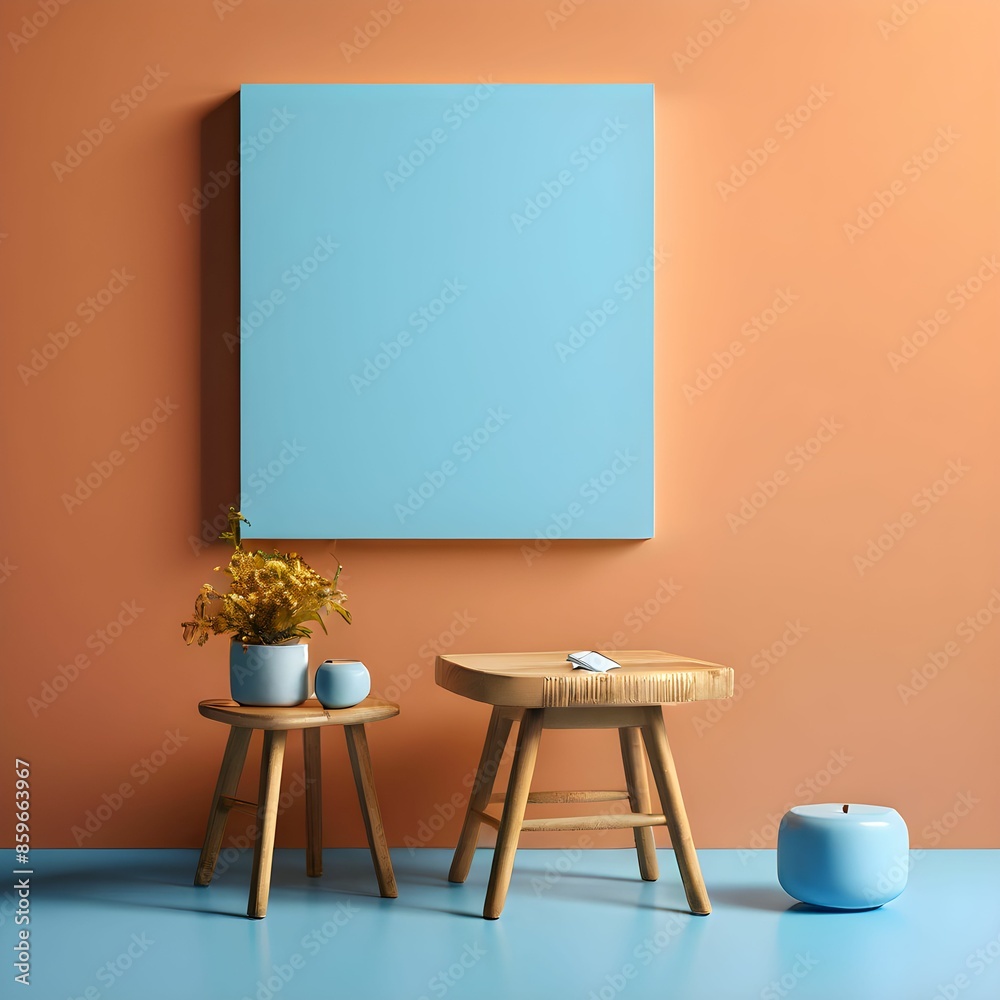 Obraz premium A blue painted picture with chair on a colorful wall. AI-generated