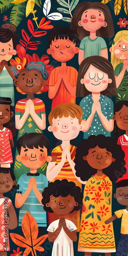 Ilustração de pessoas de culturas diferentes orando juntas