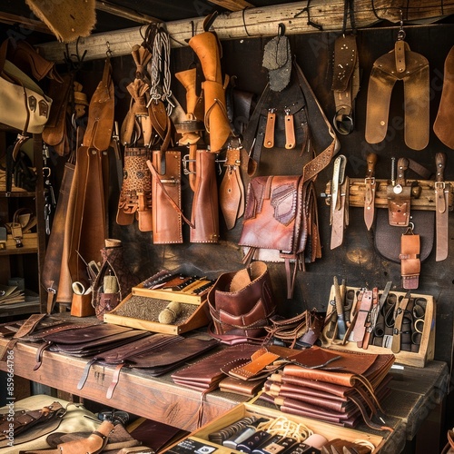 A leather goods store with a variety of leather goods on display photo