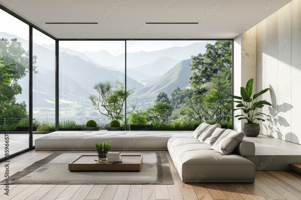 Fototapeta premium Modern Living Room with Panoramic Mountain View