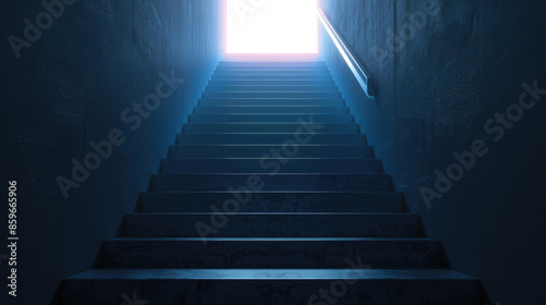 A dark stairway leads up to a brightly lit exit  with a metal handrail on the right side.