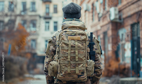 Military tactical backpack.Military backpack.Tactical hiking backpack on a military man. Place for text. Copy space. Military concept. No war.