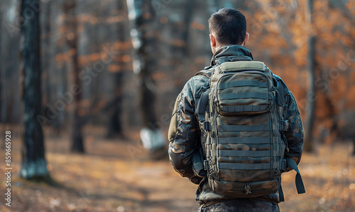 Military tactical backpack.Military backpack.Tactical hiking backpack on a military man. Place for text. Copy space. Military concept. No war.