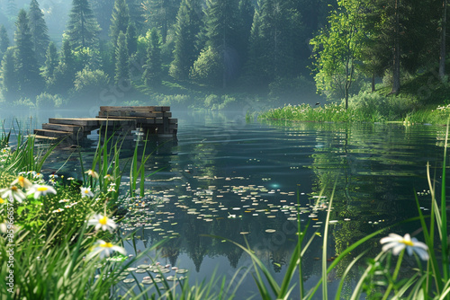 A tranquil lakeside scene with calm water reflecting the surrounding forest, a small wooden pier extending into the water, framed by tall grasses and delicate wildflowers.