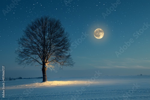 Majestic Winter Nightscape with Full Moon and Lone Tree © Sandu