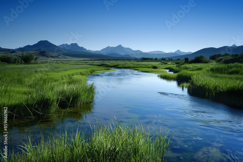 A tranquil river flowing through a lush green valley, with the distant silhouette of mountains under a clear blue sky