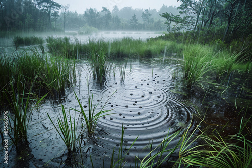 A tranquil, rain-drenched bog, with waterlogged ground and dense clusters of reeds, the rain creating ripples in the shallow pools and a sense of untouched wilderness